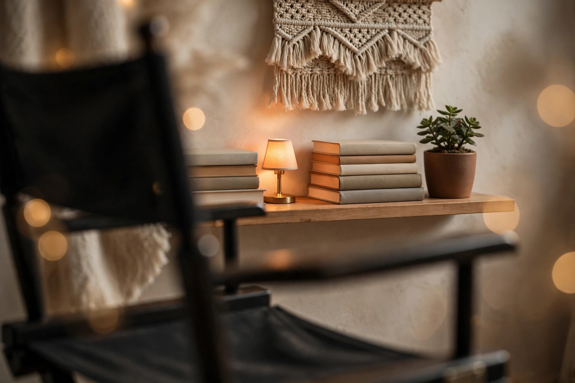 Close detail of a styled background shelf with stacked plain books, a small glowing lamp, a potted succulent and a woven wall hanging, seen past the back of a filming chair