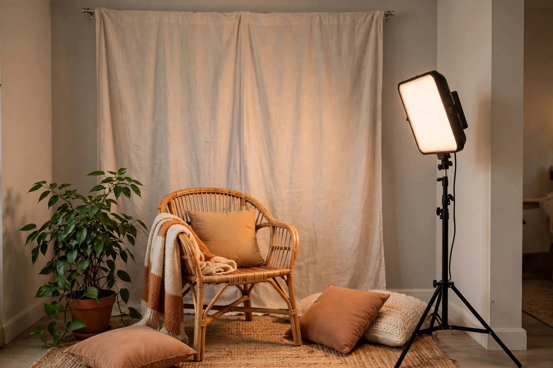 Renter friendly filming corner with a plain curtain on a rod as the backdrop, a wicker chair with cushions, a leafy plant and an LED panel on a stand