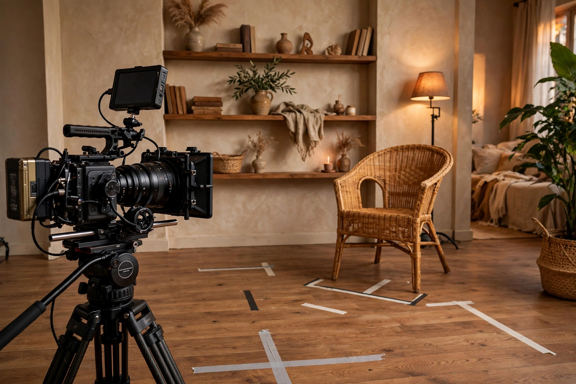 Wide side view of a filming setup with a camera on a tripod, a chair placed well in front of a styled shelf wall, and tape marks on the floor fixing the positions