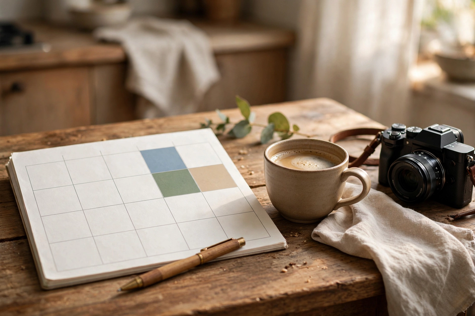 Paper weekly planner and pen on a kitchen table beside a coffee cup and a camera, with days blocked out for filming, editing and rest
