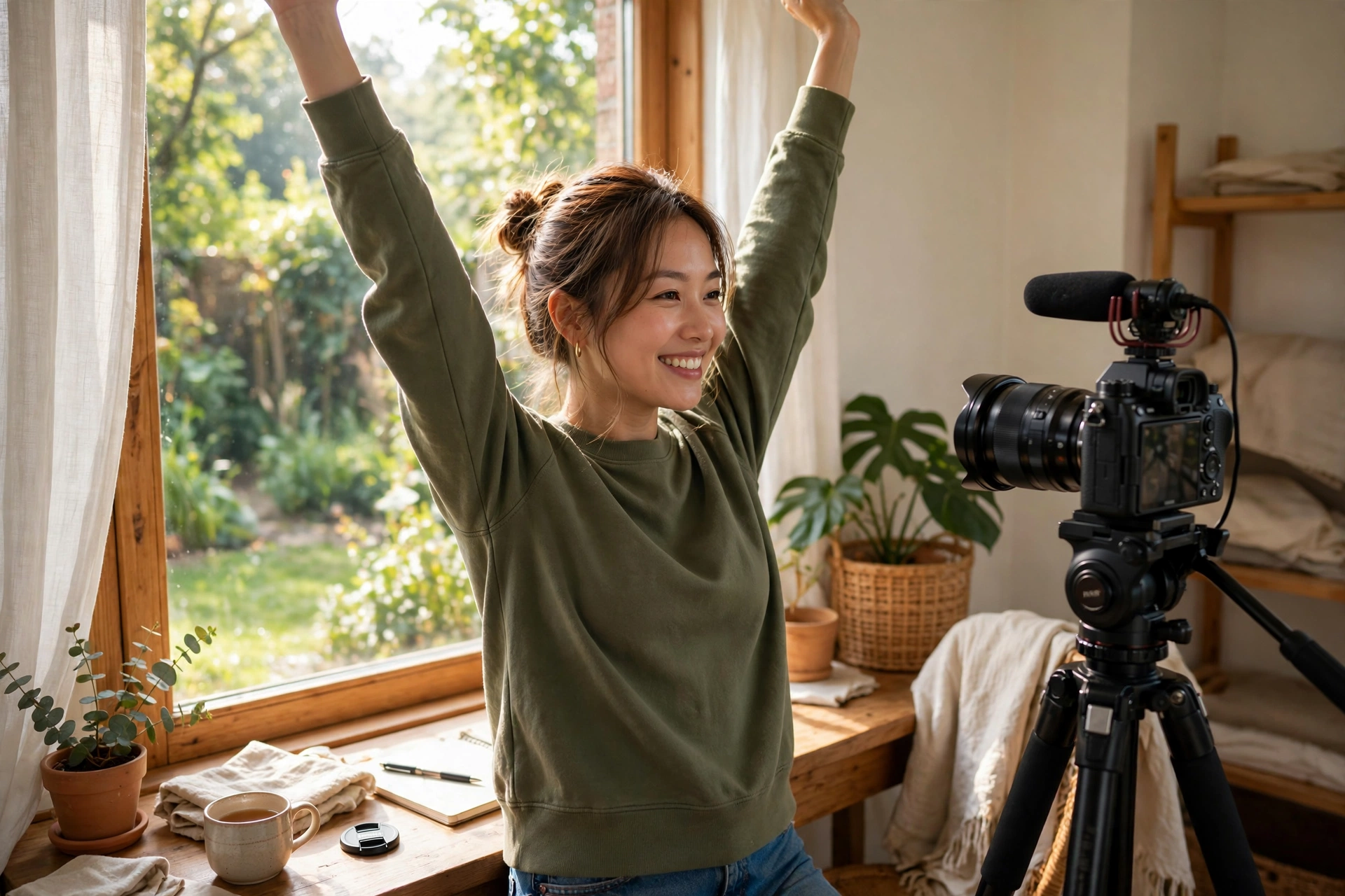 Creator setting up a camera on a tripod by a bright window in the morning, returning to filming with a fresh start feeling