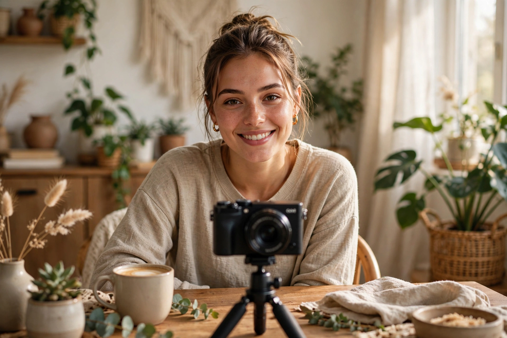 Relaxed creator filming a vlog at home in soft morning window light, smiling naturally at a camera on a small table tripod
