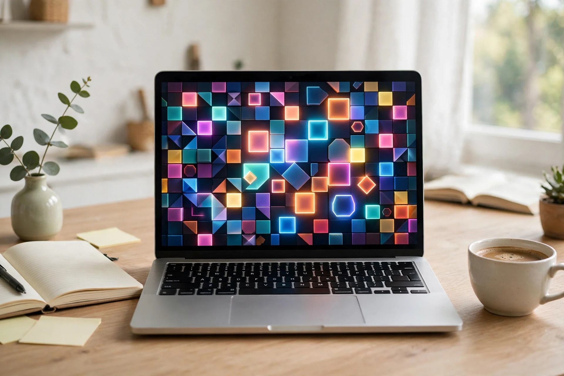 Laptop on a bright desk showing a colourful abstract mosaic of glowing shapes on its screen, with a notebook and a cup of coffee beside it