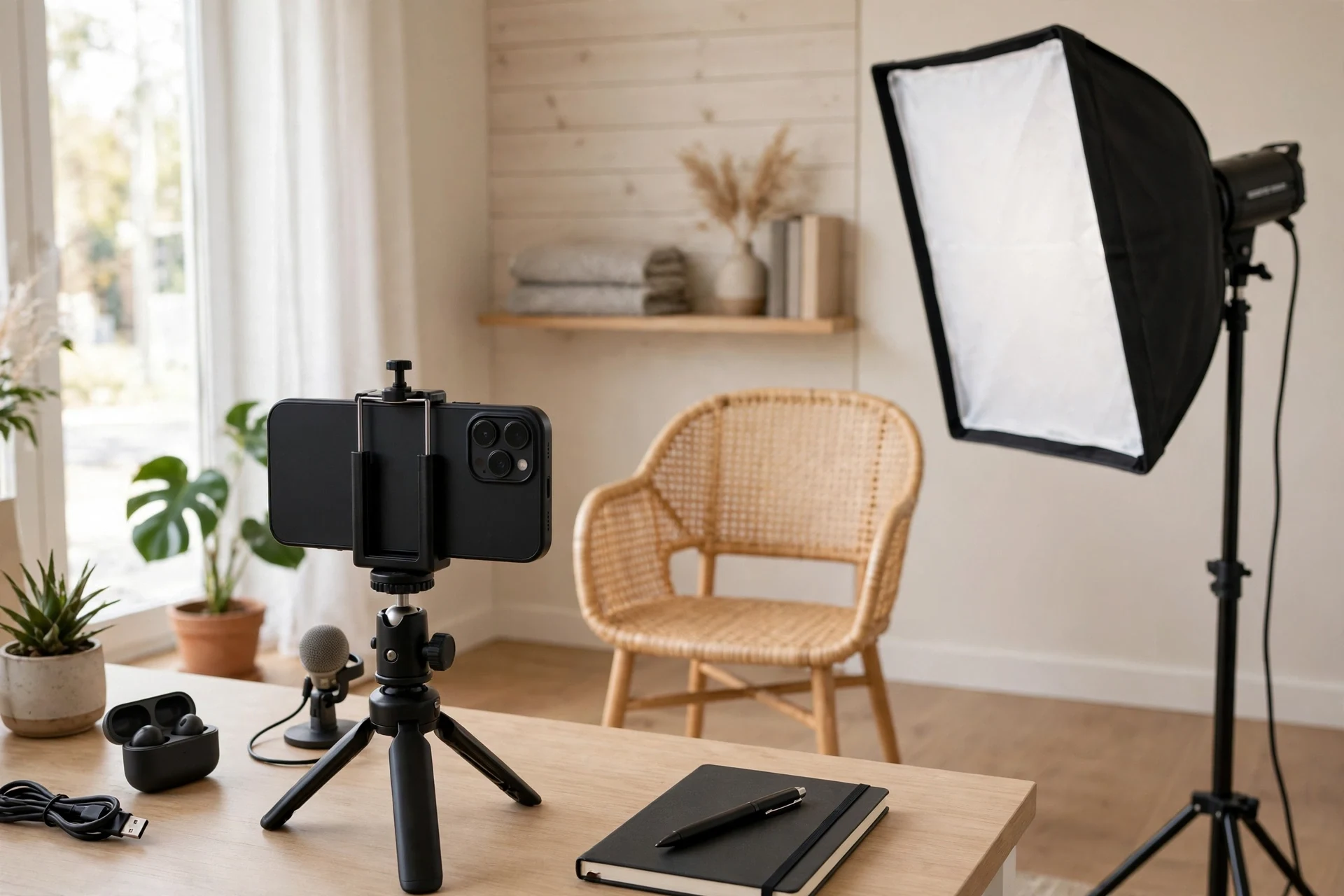 Smartphone on a small tripod facing an empty chair and a softbox light in a bright room set up for filming a vlog