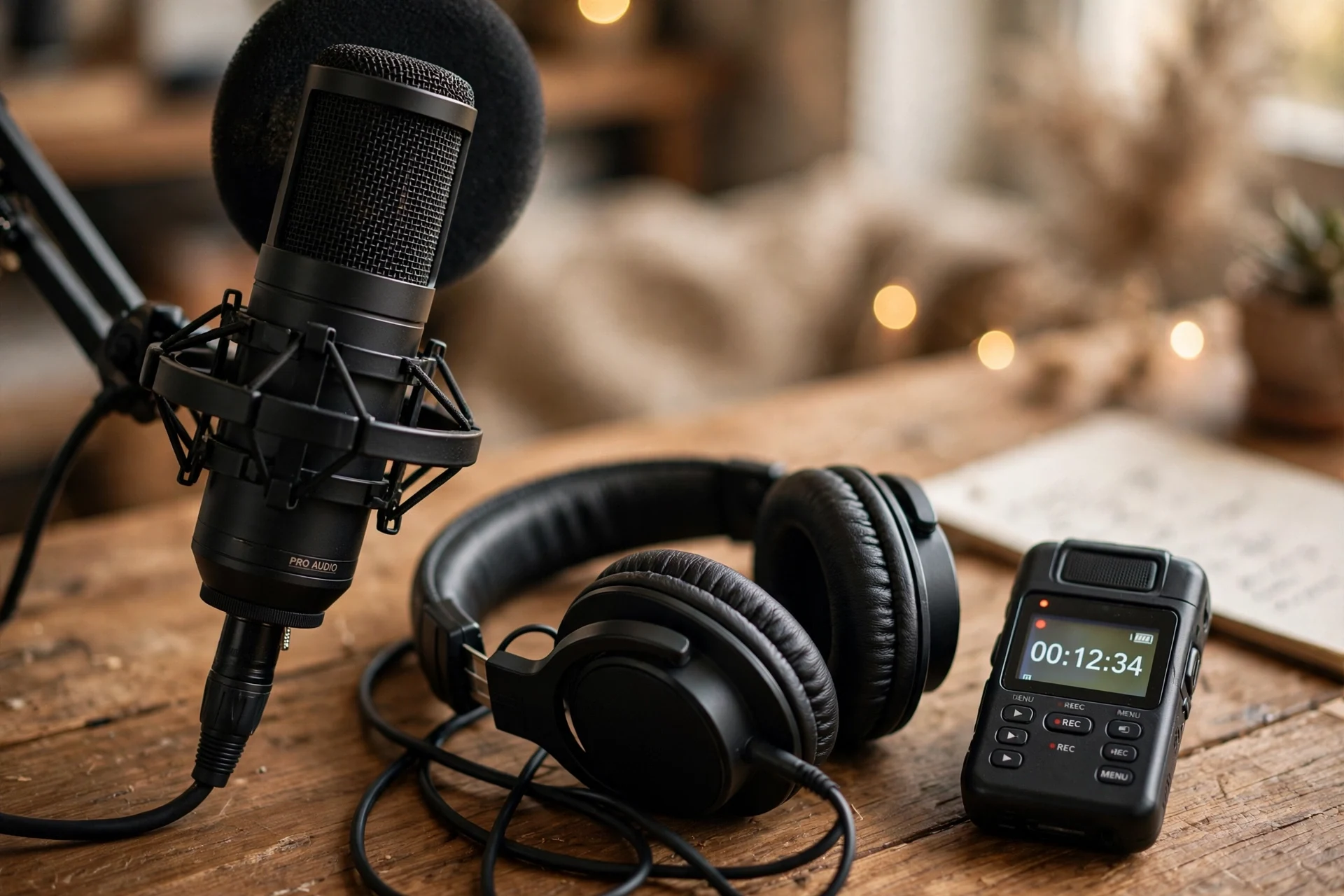 Close up of a studio microphone and headphones on a wooden desk beside a small audio recorder in warm soft light