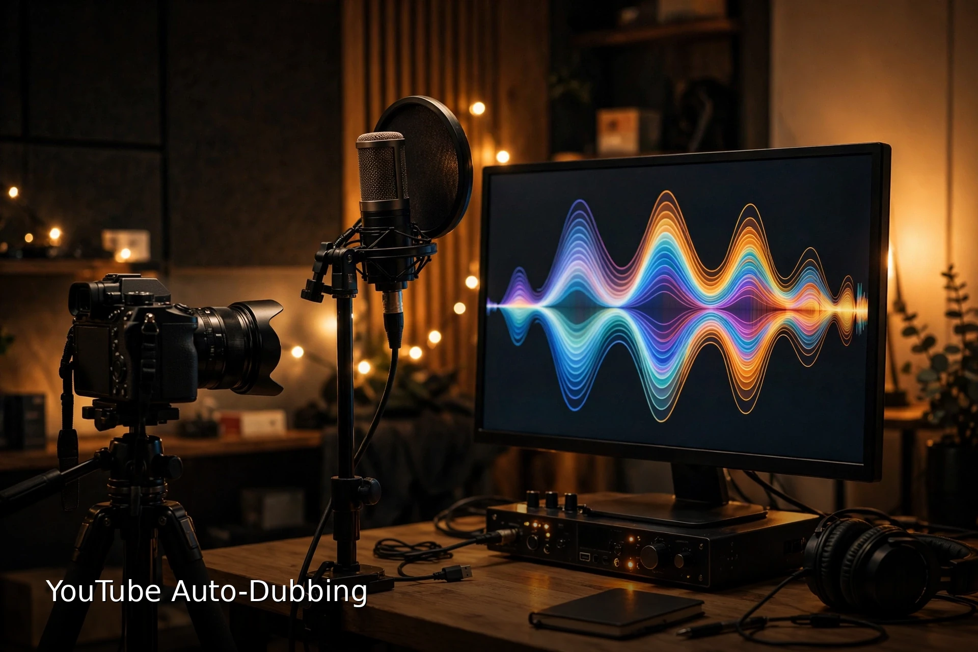 Cinematic recording corner with a camera on a tripod and a studio microphone in warm light, monitor showing a colourful audio waveform, with the title YouTube Auto-Dubbing in white text at the bottom left