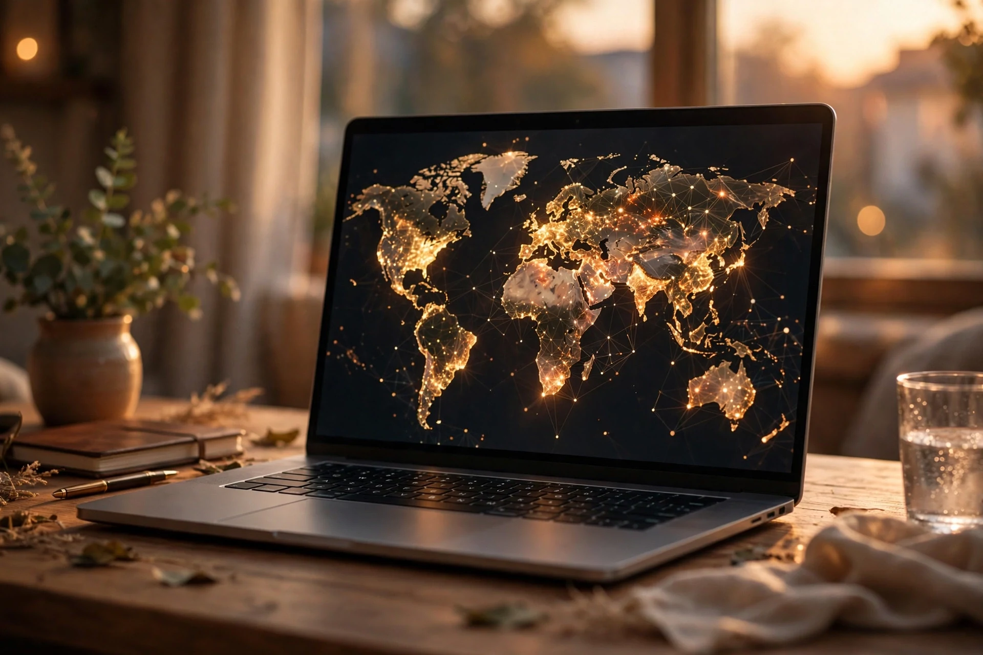 Laptop on a wooden desk showing a glowing world map with bright regions across the continents in warm evening light