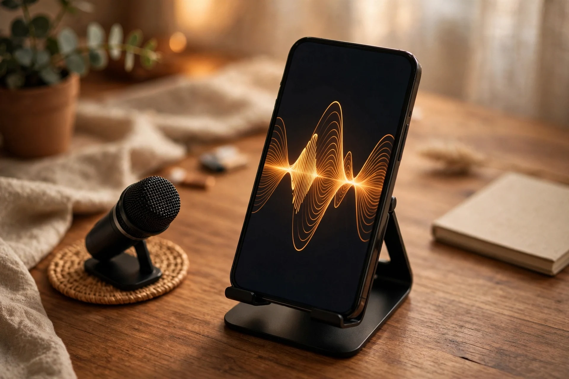 Phone on a desk stand showing a glowing orange audio waveform beside a small microphone on a wooden desk