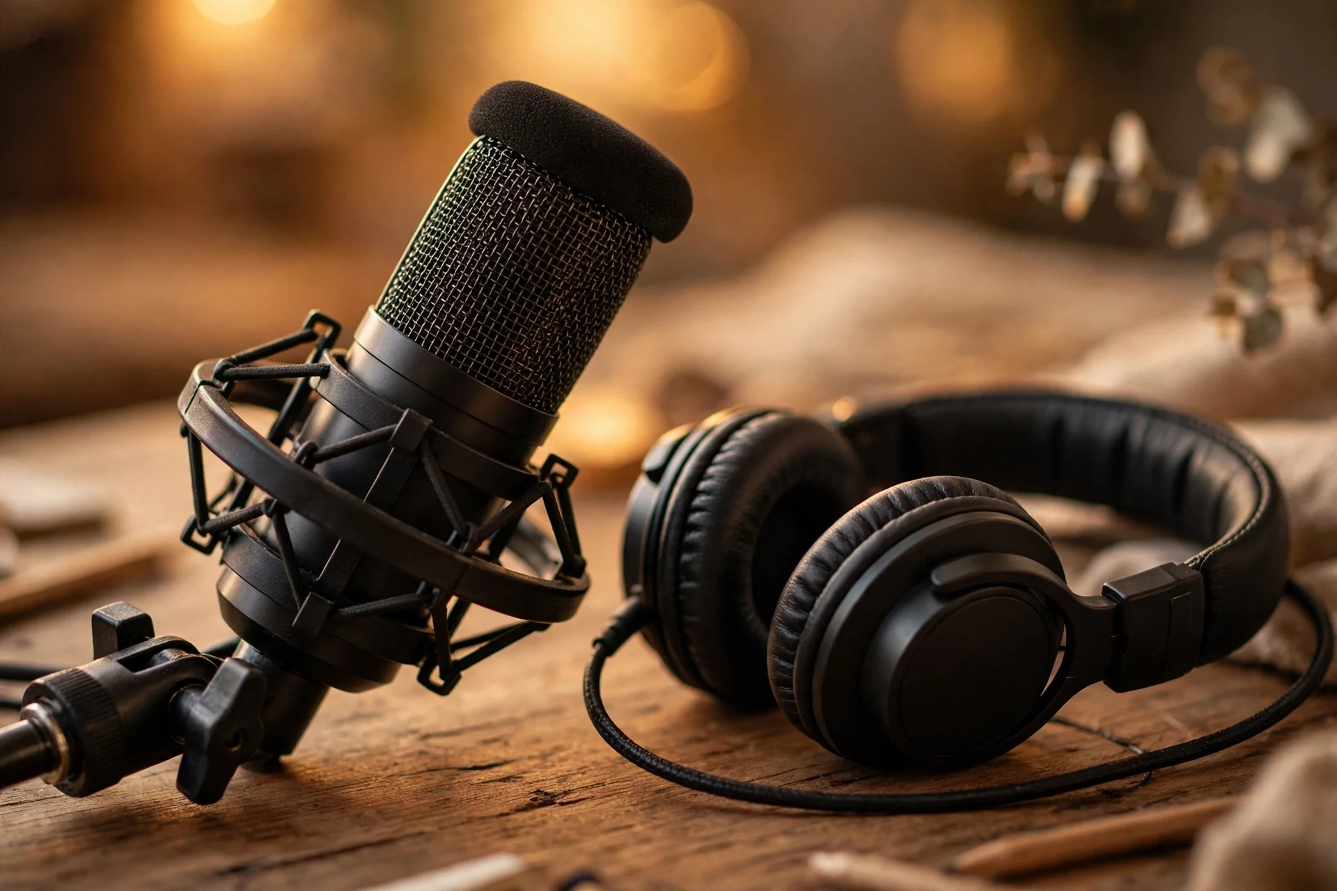 Close view of a studio microphone in a shock mount beside black headphones on a wooden desk in warm light