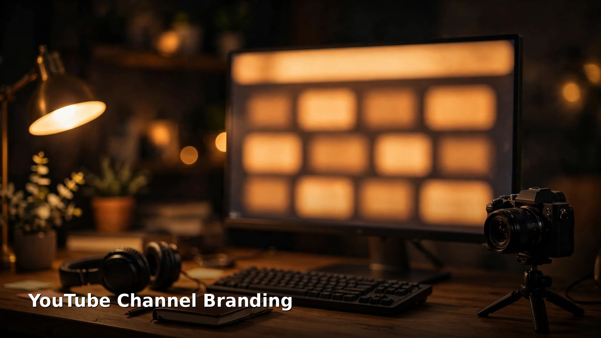 YouTube Channel Branding and Layout in 2026 4 A vlogger's desk at night under warm lamp light: a camera on a mini tripod beside a monitor showing an abstract channel page with a wide banner strip and rows of glowing thumbnail blocks, with the title YouTube Channel Branding in white text at the bottom left.