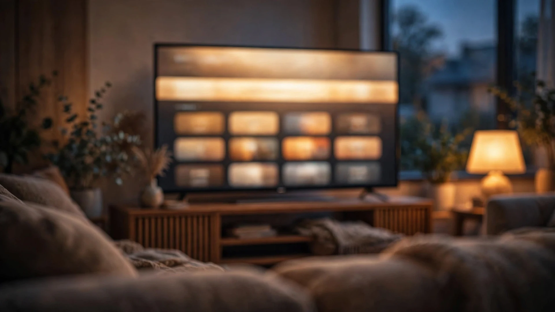 YouTube Channel Branding and Layout in 2026 7 A living room at dusk with a large television showing an abstract channel homepage, a wide glowing banner strip above rows of soft thumbnail blocks, warm lamp light and a sofa in soft focus