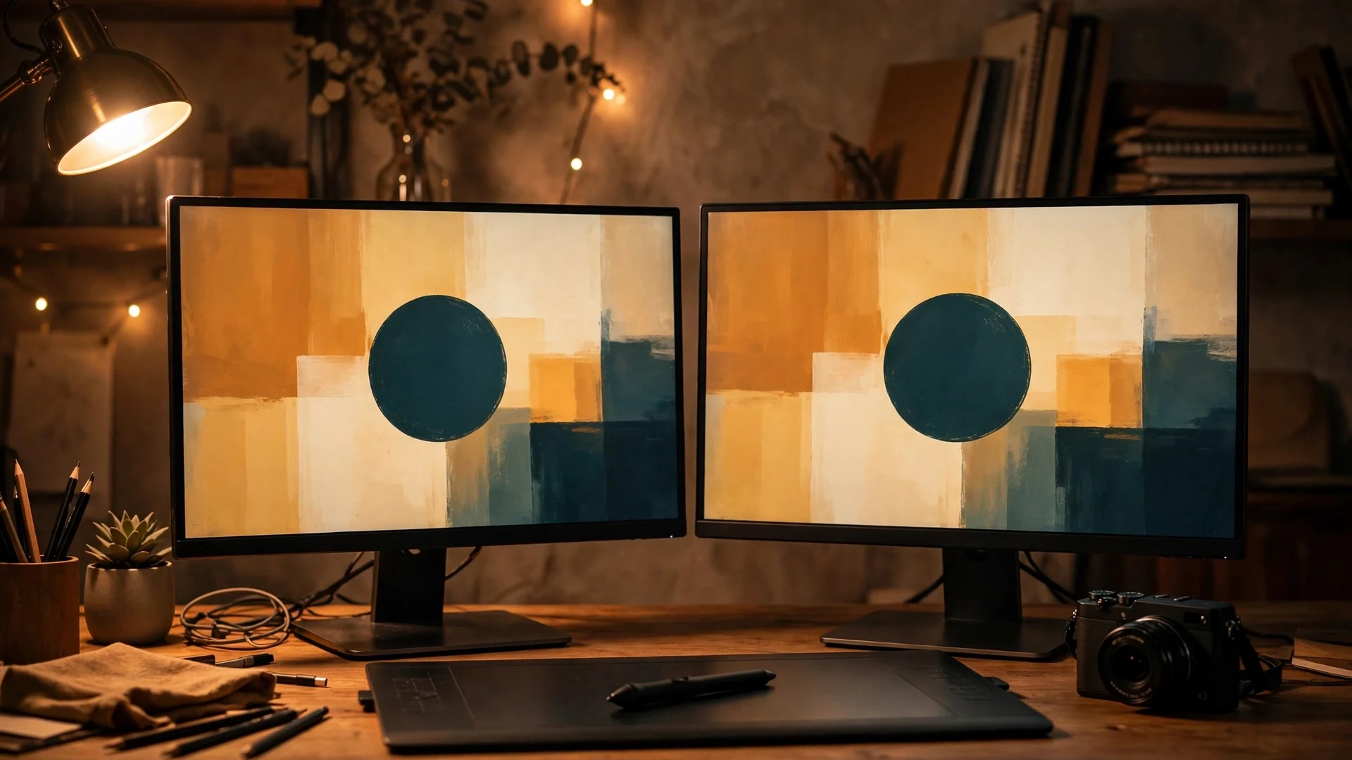 YouTube Channel Branding and Layout in 2026 6 Two monitors on a creator's desk in warm lamplight showing the same abstract banner design of amber, cream and teal blocks with a bold dark circle, a graphics tablet and stylus in front and a small camera to one side