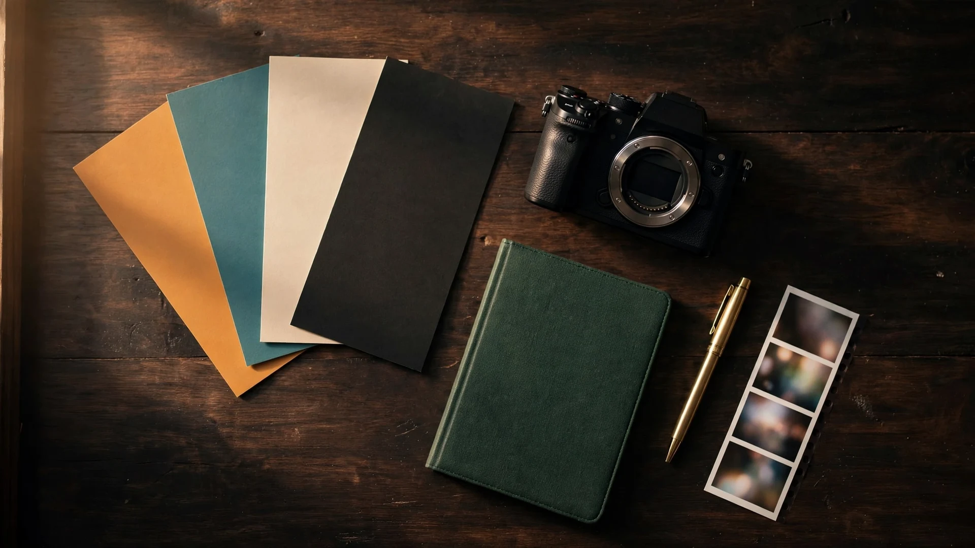 YouTube Channel Branding and Layout in 2026 5 A flat lay on a dark wooden desk in warm window light: plain color swatch cards in amber, teal, cream and charcoal beside a camera body, a closed notebook, a pen and a blurred strip of photos