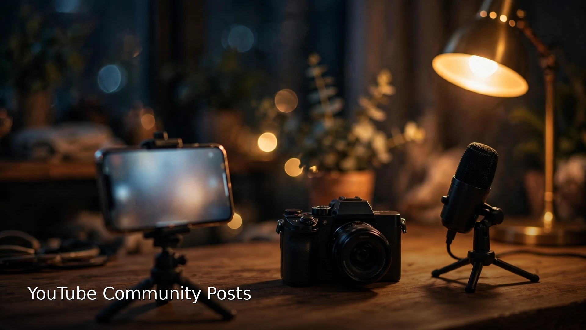 Cinematic desk at night with a smartphone on a tripod, a mirrorless camera and a microphone under warm lamp light, with the short title YouTube Community Posts at the bottom left