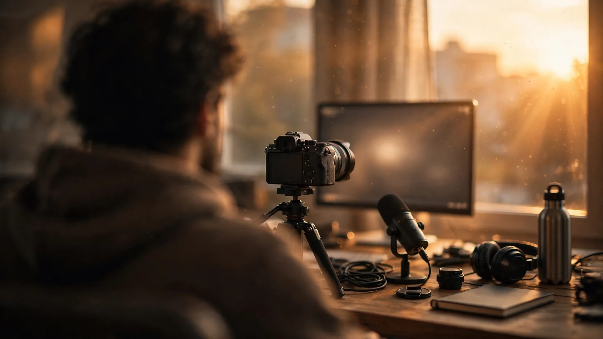 Vlogger seen from behind in soft focus at a desk with a camera on a tripod, a microphone and a monitor in warm sunset light from a window