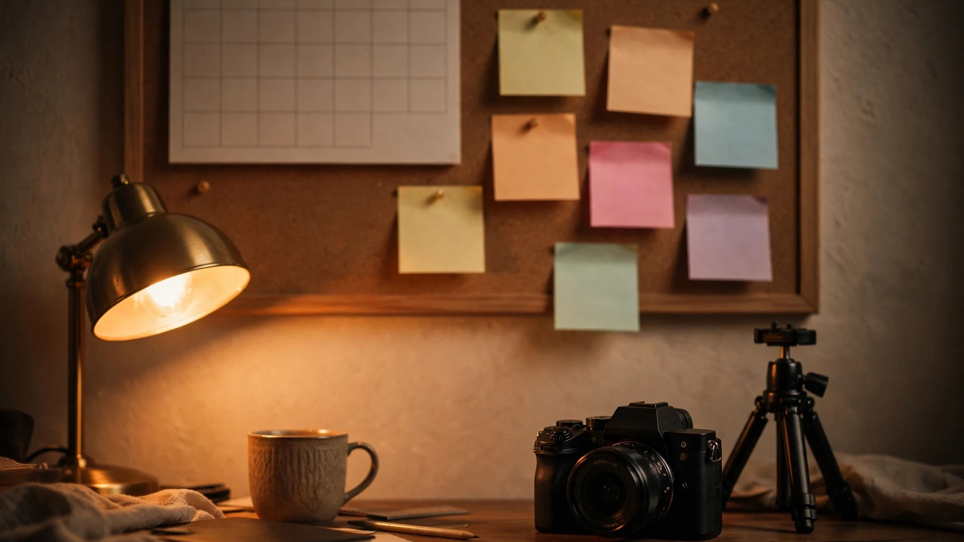 Cork board with a blank calendar grid and blank colourful sticky notes above a desk with a camera, a small tripod and a warm desk lamp