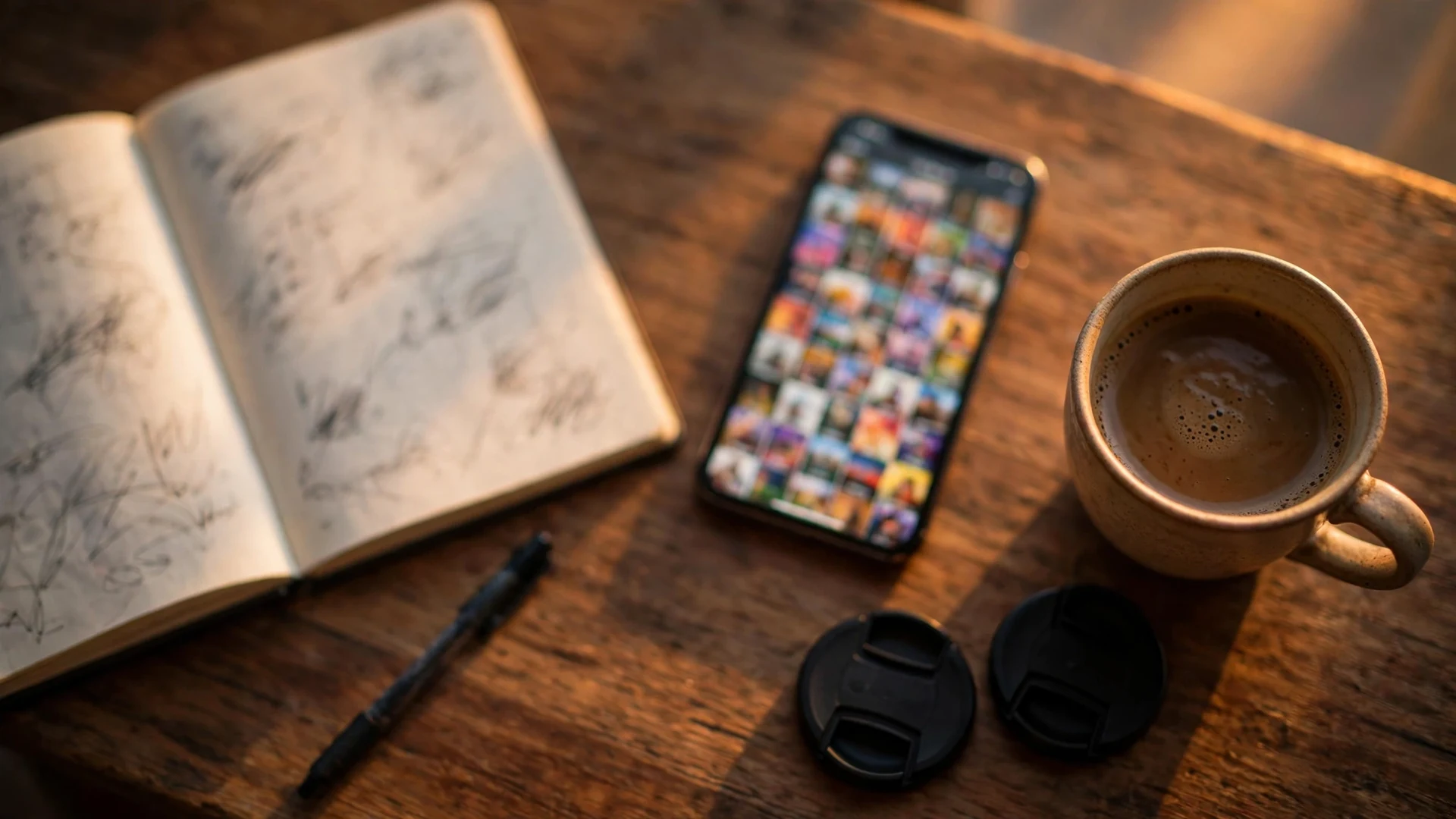 Smartphone showing a blurred grid of colourful images beside an open notebook, a pen, a cup of coffee and lens caps on a wooden desk in warm light