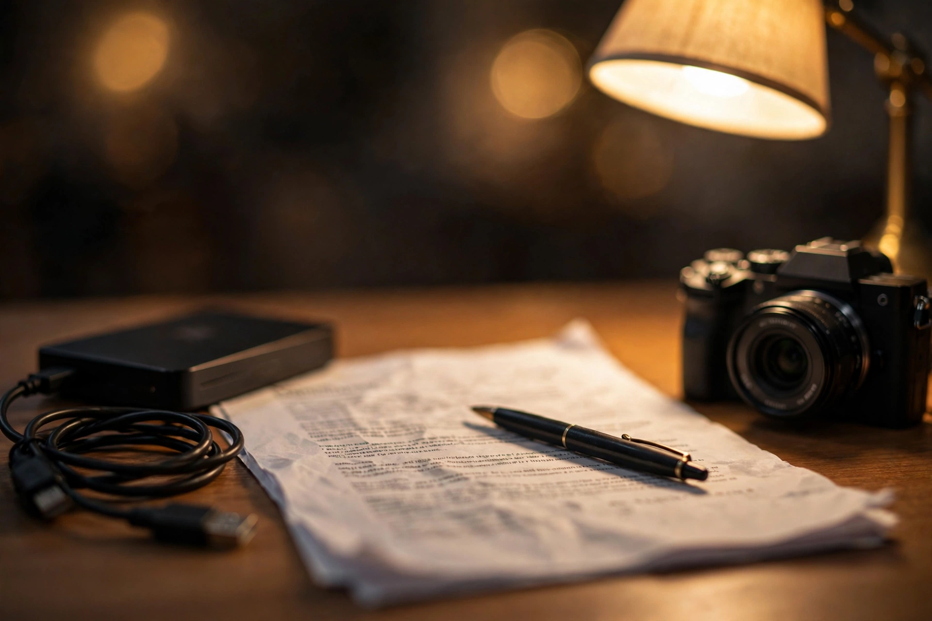 Desk with a printed licence document, a pen, an external hard drive and a camera, lit by a warm desk lamp