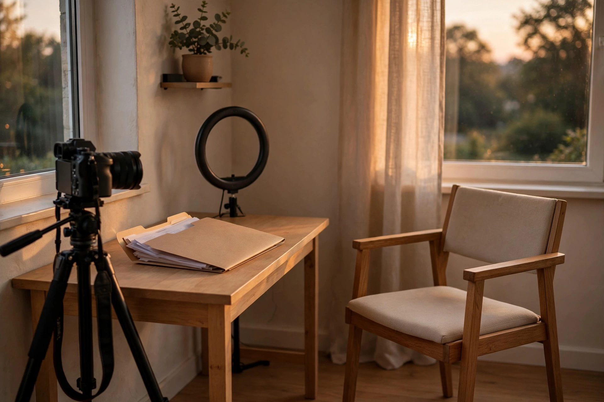 Small home studio corner with a camera on a tripod, ring light off, and a folder of printed documents on the desk