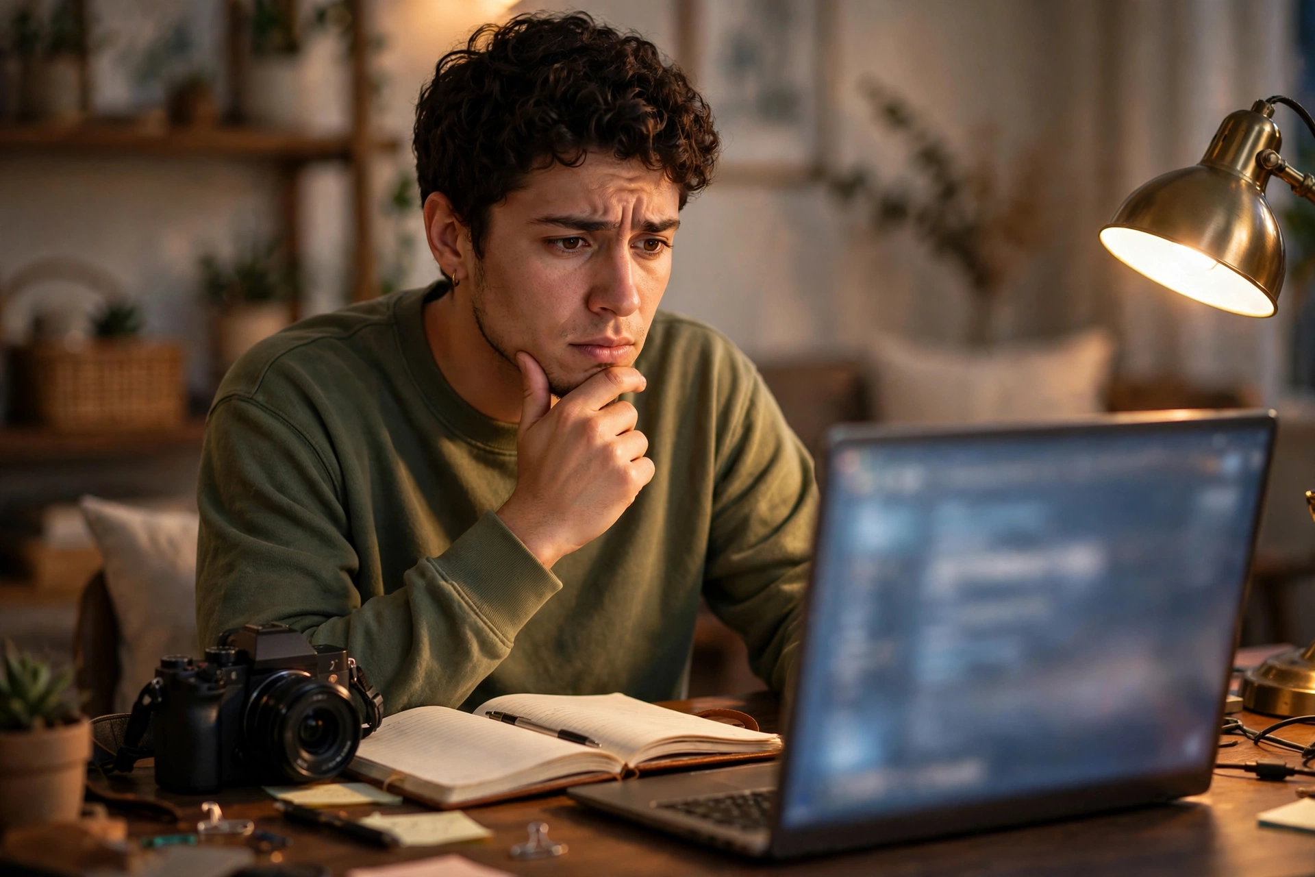 Creator at a desk reading a laptop screen with a concerned expression, camera and notebook beside the keyboard in warm evening light