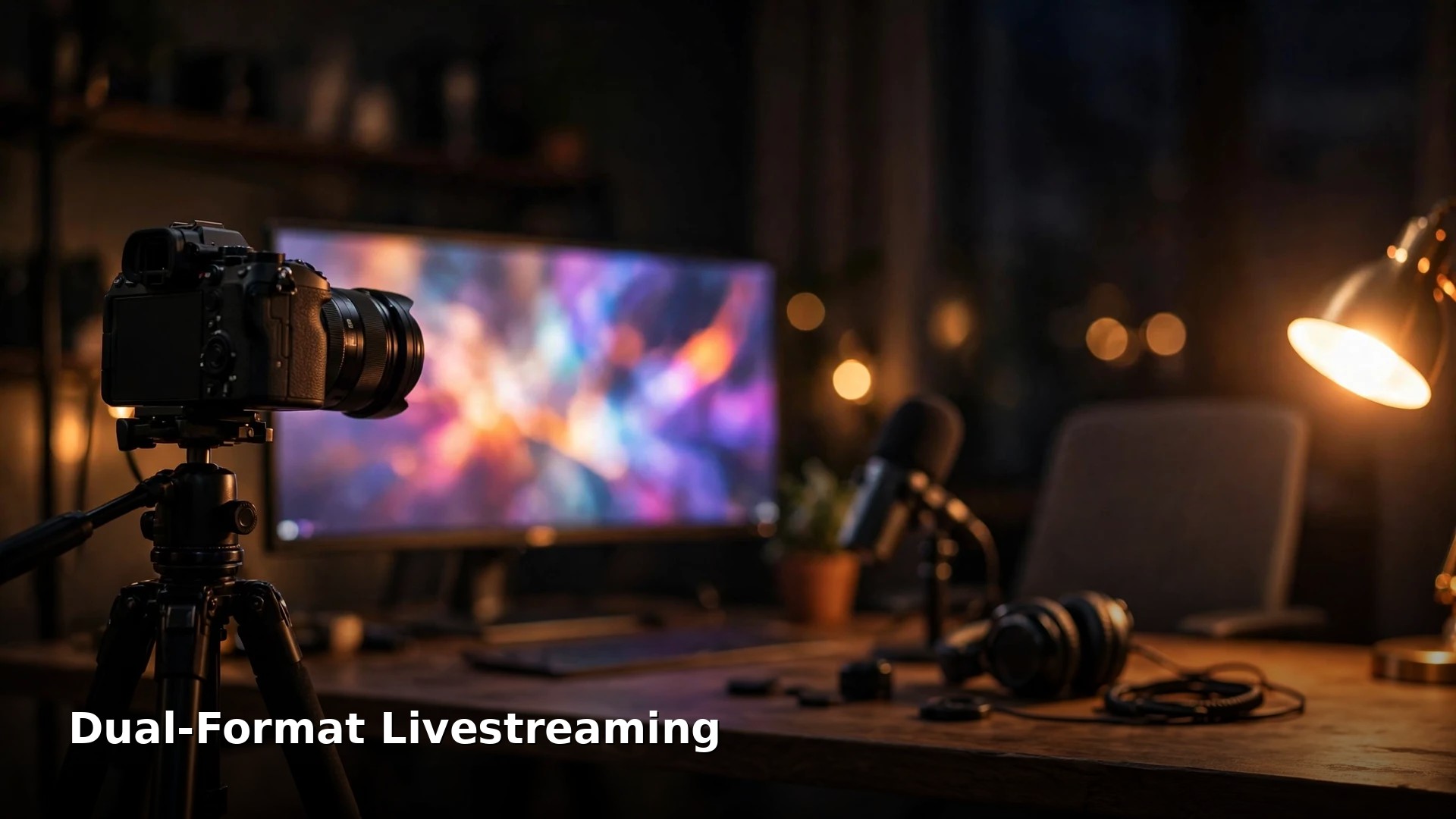 Dual-Format Livestreaming: How to Stream Vertical and Horizontal at Once in 2026 4 Livestream desk at night with a camera on a tripod facing a wide glowing monitor, a microphone and headphones on the desk under warm lamp light