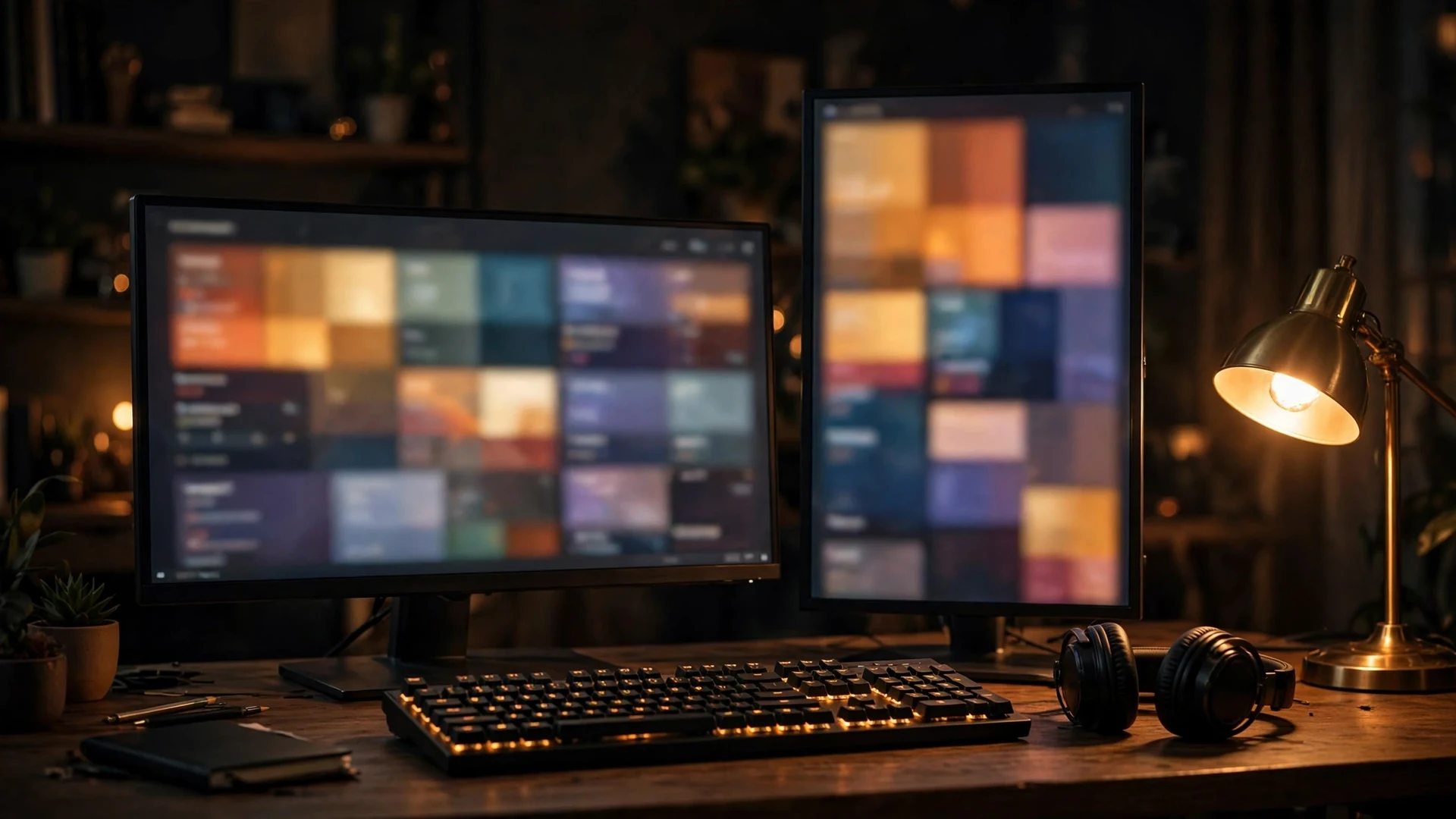 Dual-Format Livestreaming: How to Stream Vertical and Horizontal at Once in 2026 6 Two monitors on a desk in a dim warm room, one wide and horizontal and one tall and vertical, both showing blurred blocks of color, with a backlit keyboard and headphones below