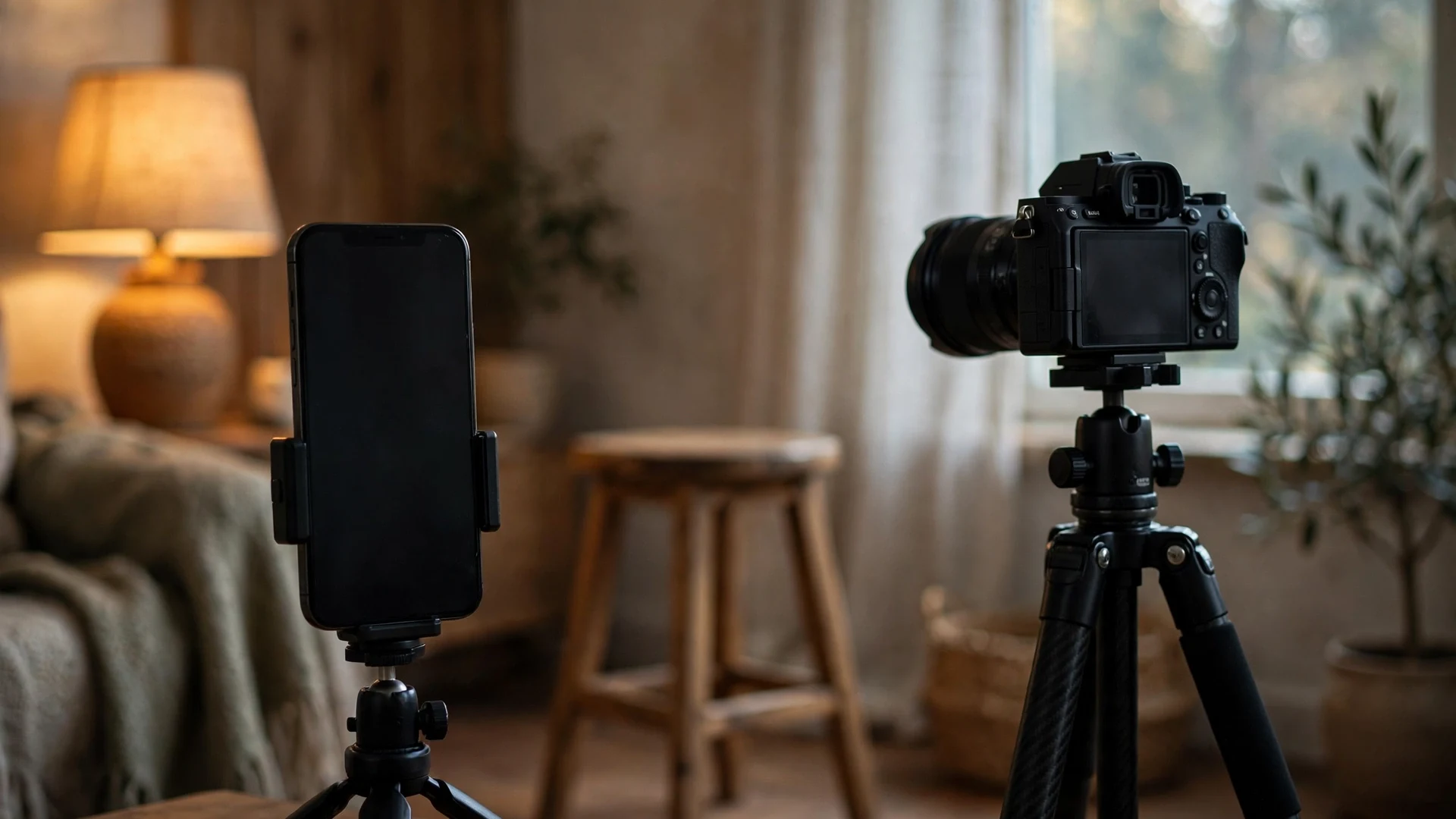 Dual-Format Livestreaming: How to Stream Vertical and Horizontal at Once in 2026 7 A smartphone mounted vertically on a small tripod in the foreground, beside a camera on a taller tripod aimed at an empty stool in a warm lamplit room