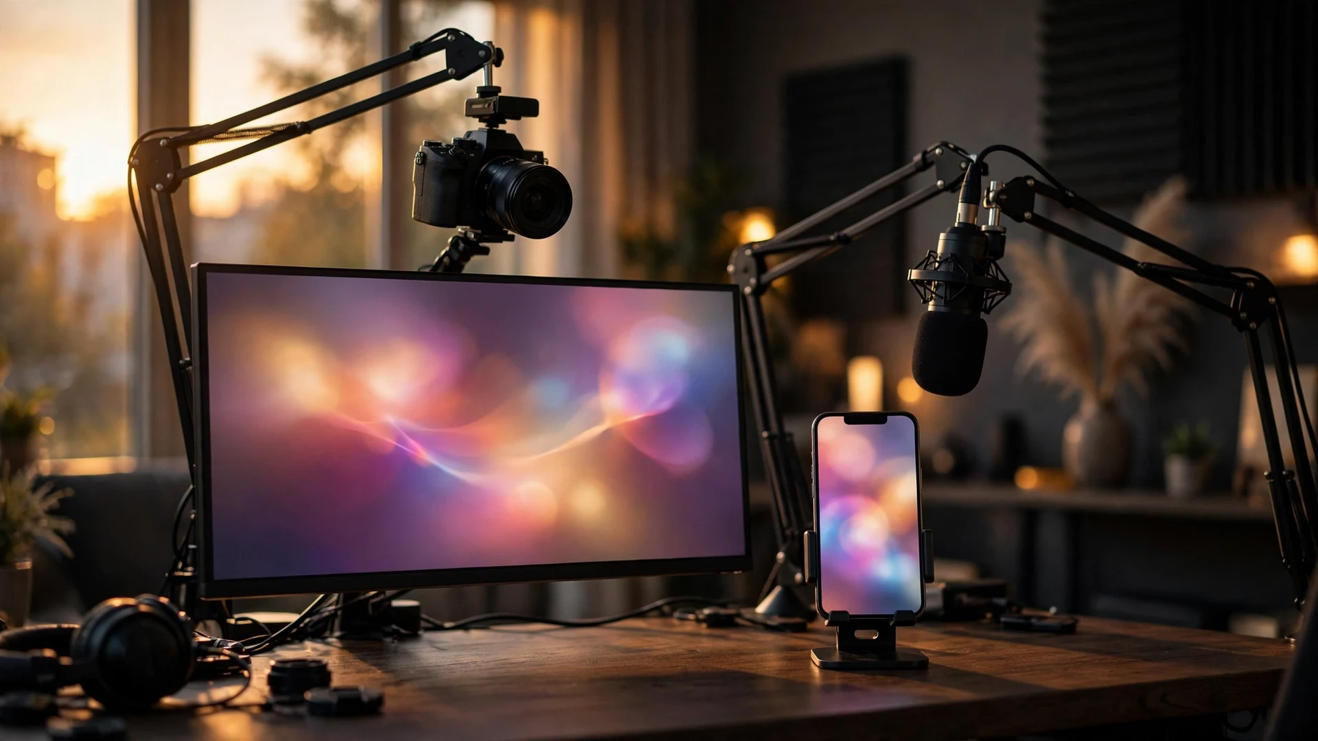 Dual-Format Livestreaming: How to Stream Vertical and Horizontal at Once in 2026 5 Streaming desk with a wide horizontal monitor and a smartphone standing vertically on a small stand side by side, a camera overhead and a microphone on a boom arm in warm evening light