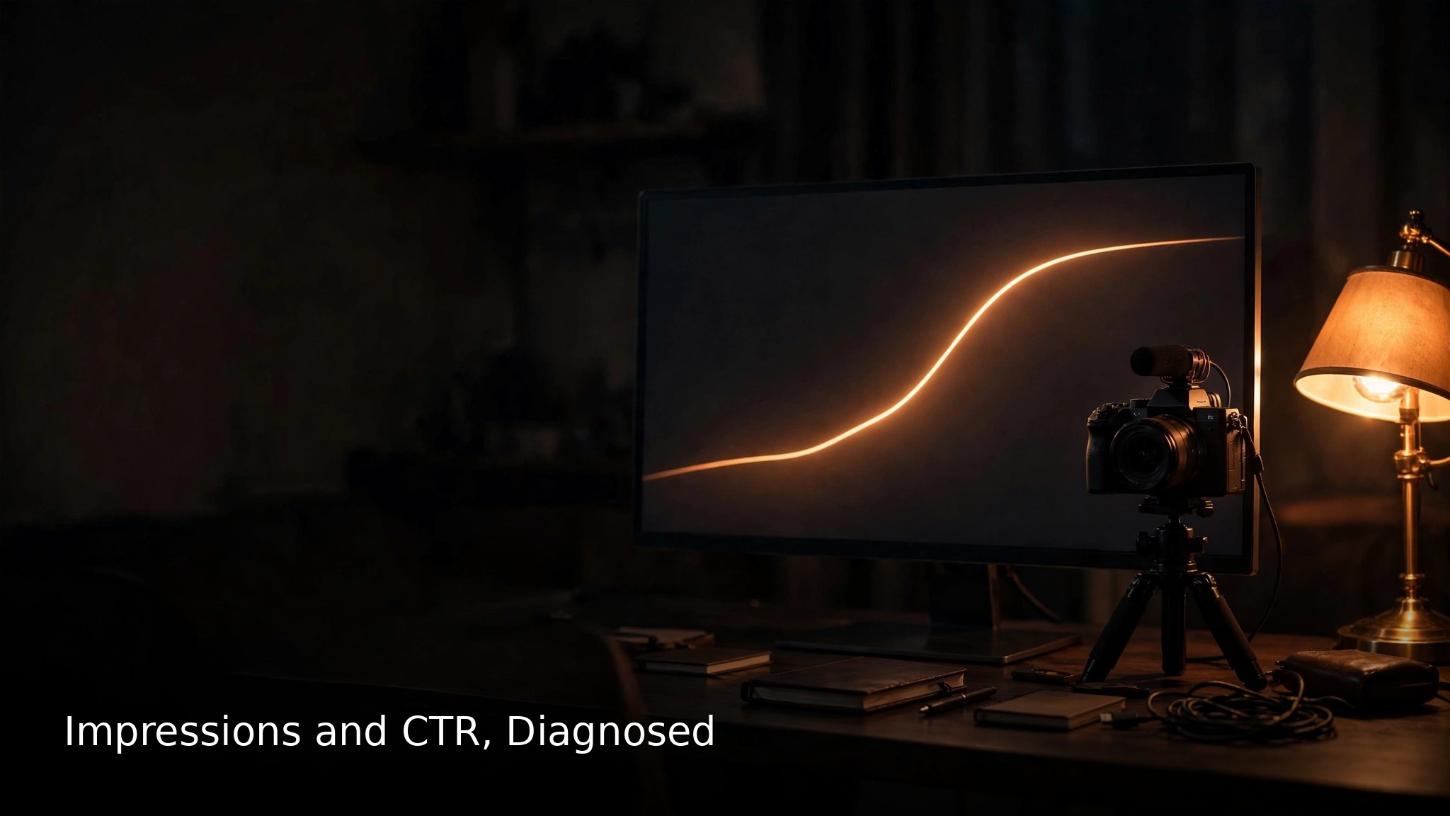 Cinematic desk at night with a camera on a tripod beside a large monitor showing a rising graph glow in warm light, with the short title Impressions and CTR, Diagnosed in white text at the bottom left.