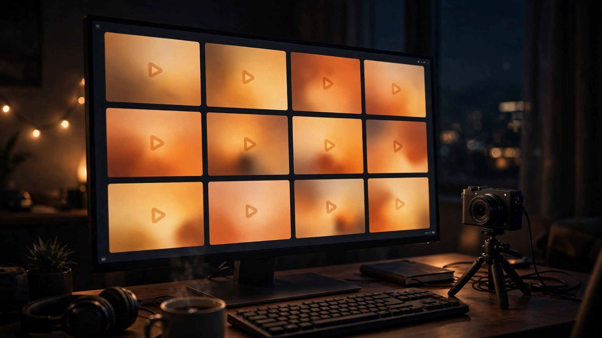 Desk scene with a monitor showing a glowing grid of abstract video thumbnail rectangles beside a camera on a tripod