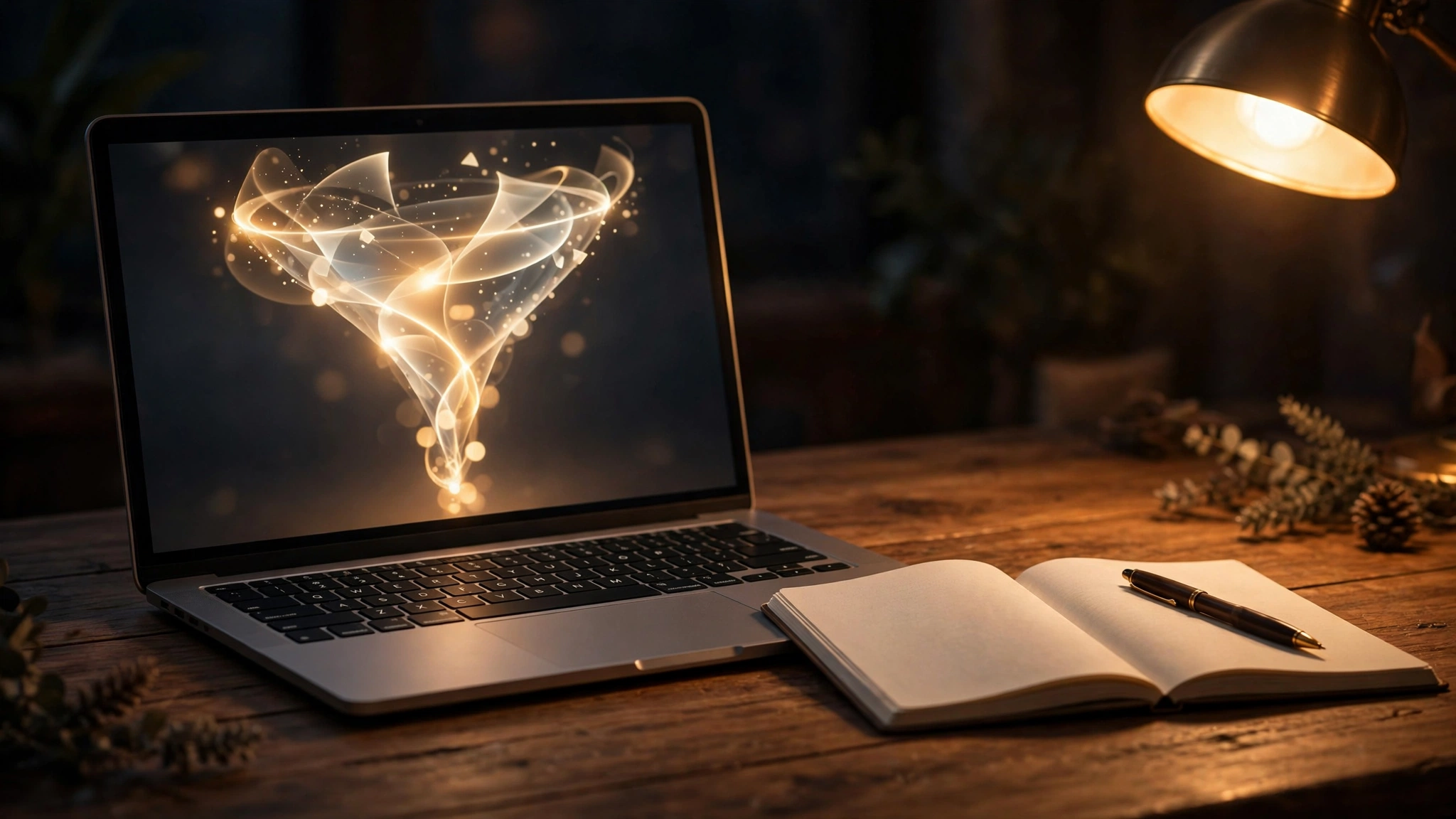 Laptop and an open notebook on a wooden desk under warm light, the screen showing a soft abstract funnel of glowing shapes