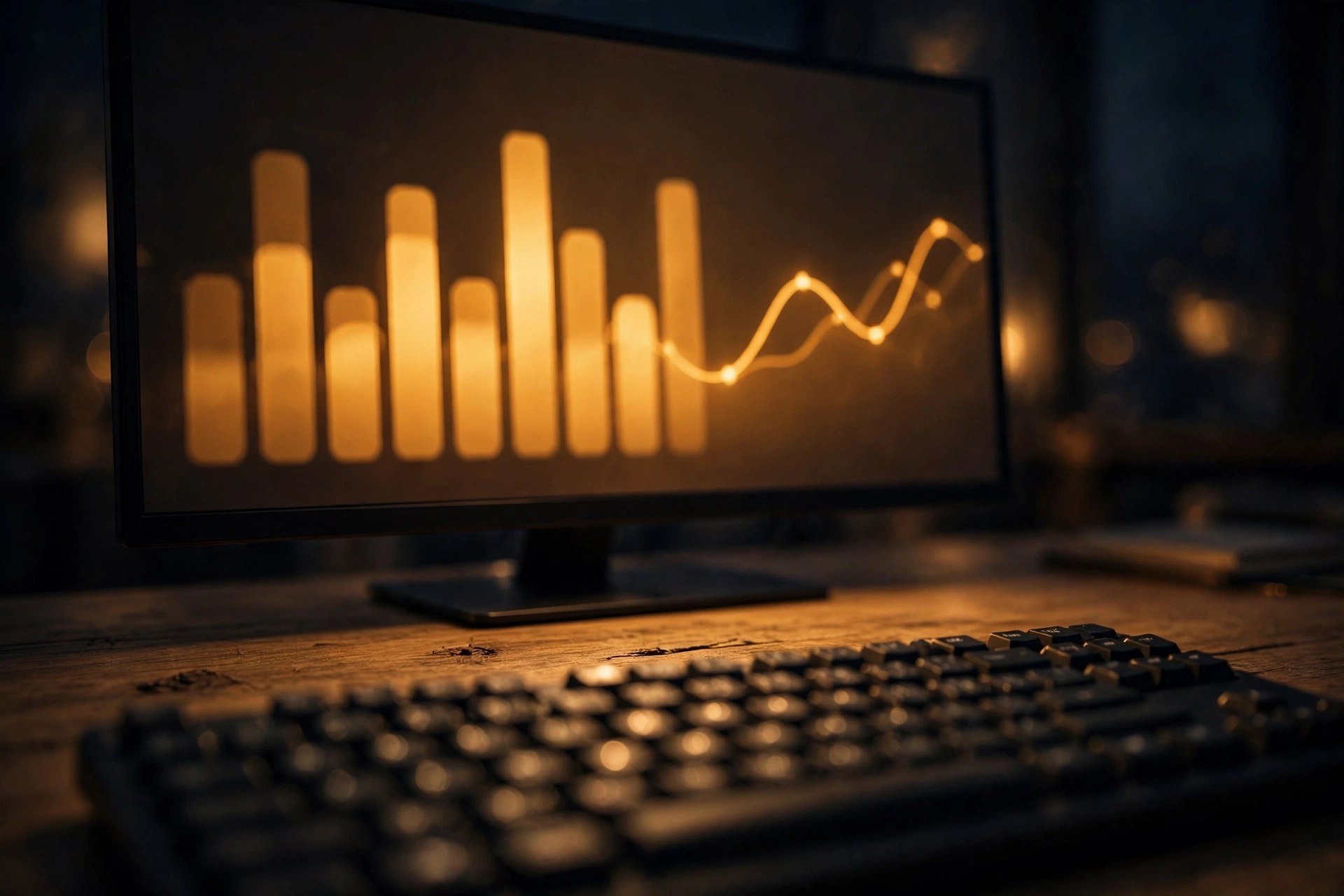Close view of a monitor on a wooden desk showing abstract bar charts and a glowing line chart in warm amber tones