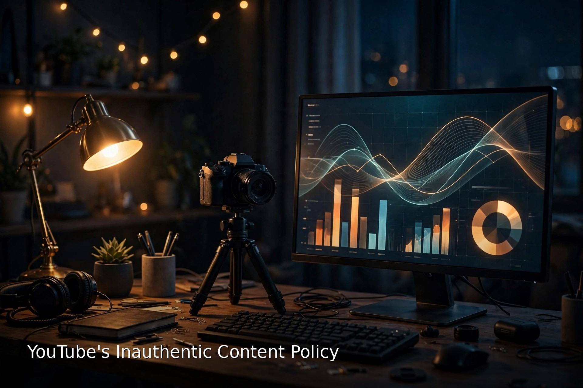Cinematic photo of a creator desk at night with a camera on a tripod beside a monitor showing an abstract analytics graph in warm lamplight, with the title YouTube's Inauthentic Content Policy in white text at the bottom left