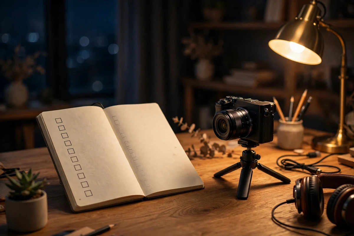 Open notebook with an empty checklist beside a camera on a small tripod on a wooden desk in warm lamplight