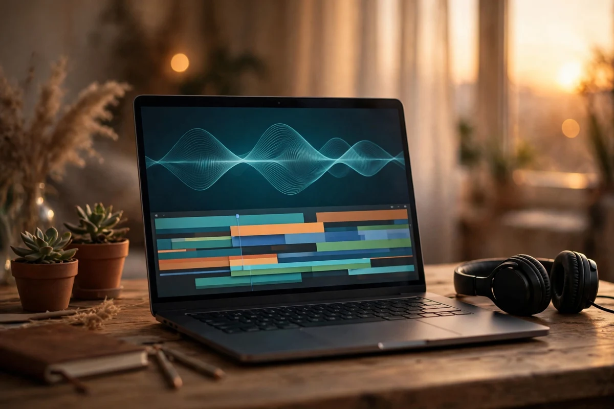 Laptop on a wooden desk showing an audio waveform above a colourful editing timeline, with headphones beside it