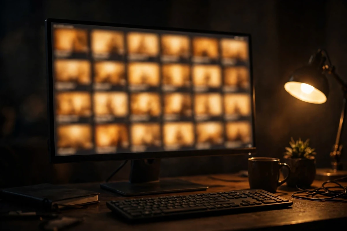 Monitor on a desk in warm lamplight showing a wall of blurred near identical video thumbnails