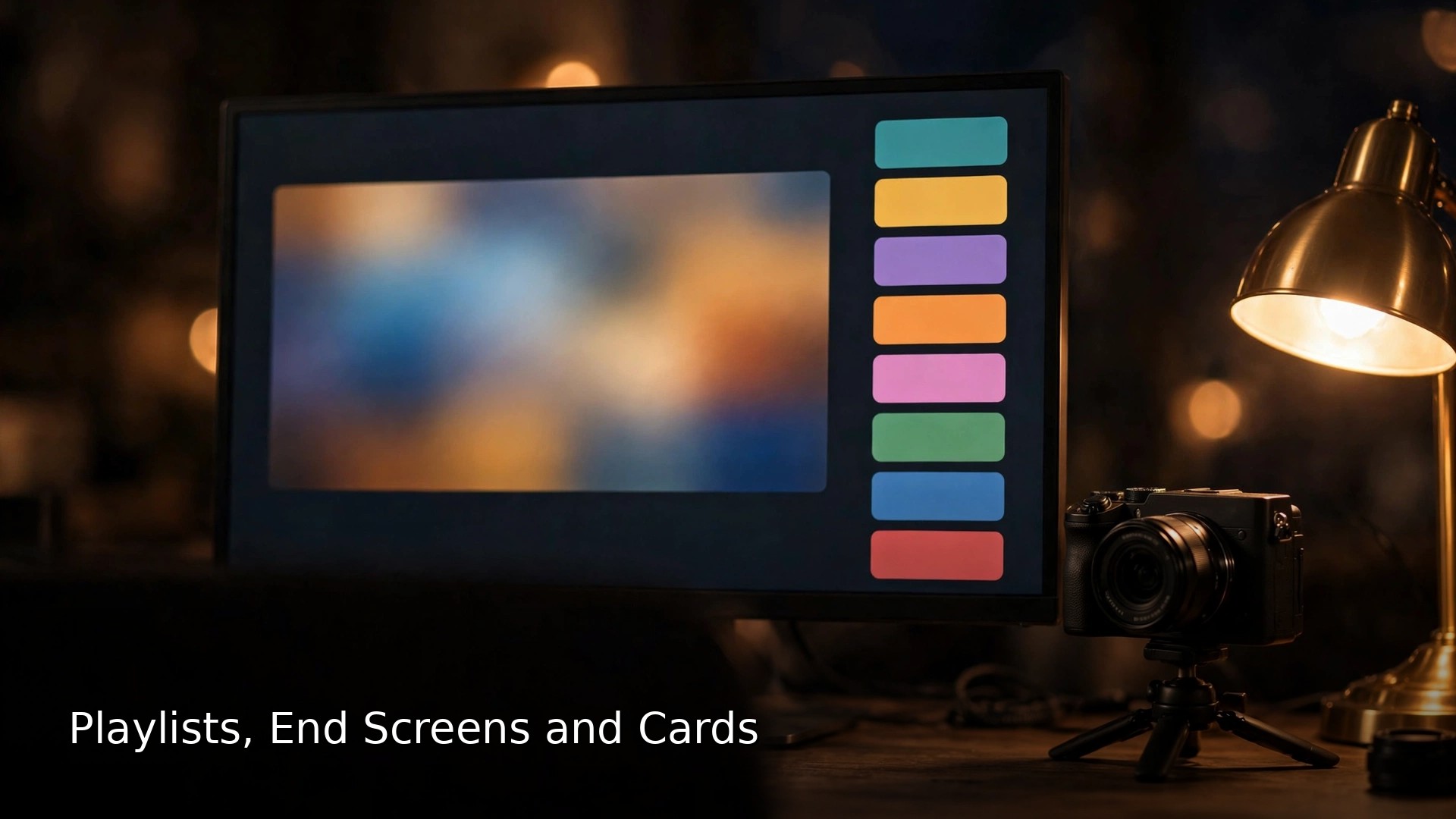 Cinematic desk at night with a monitor showing a video beside a column of colourful playlist thumbnails, a camera on a small tripod and a warm brass lamp, with the short title Playlists, End Screens and Cards in white text at the bottom left