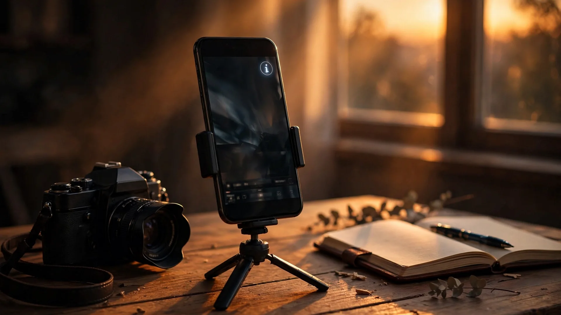 Smartphone on a small tripod on a wooden desk at sunset, playing a video with a small information icon in the corner of the screen, a camera and notebook beside it