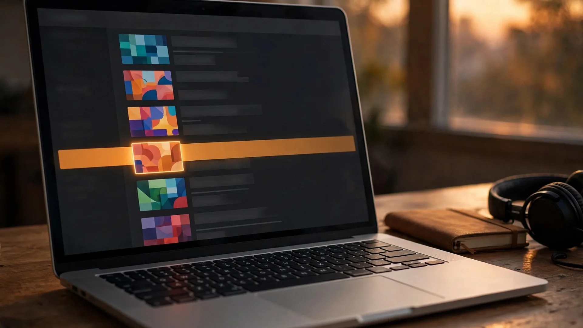 Laptop on a wooden desk showing a playlist queue with one highlighted video row, headphones and a notebook beside it in warm evening light