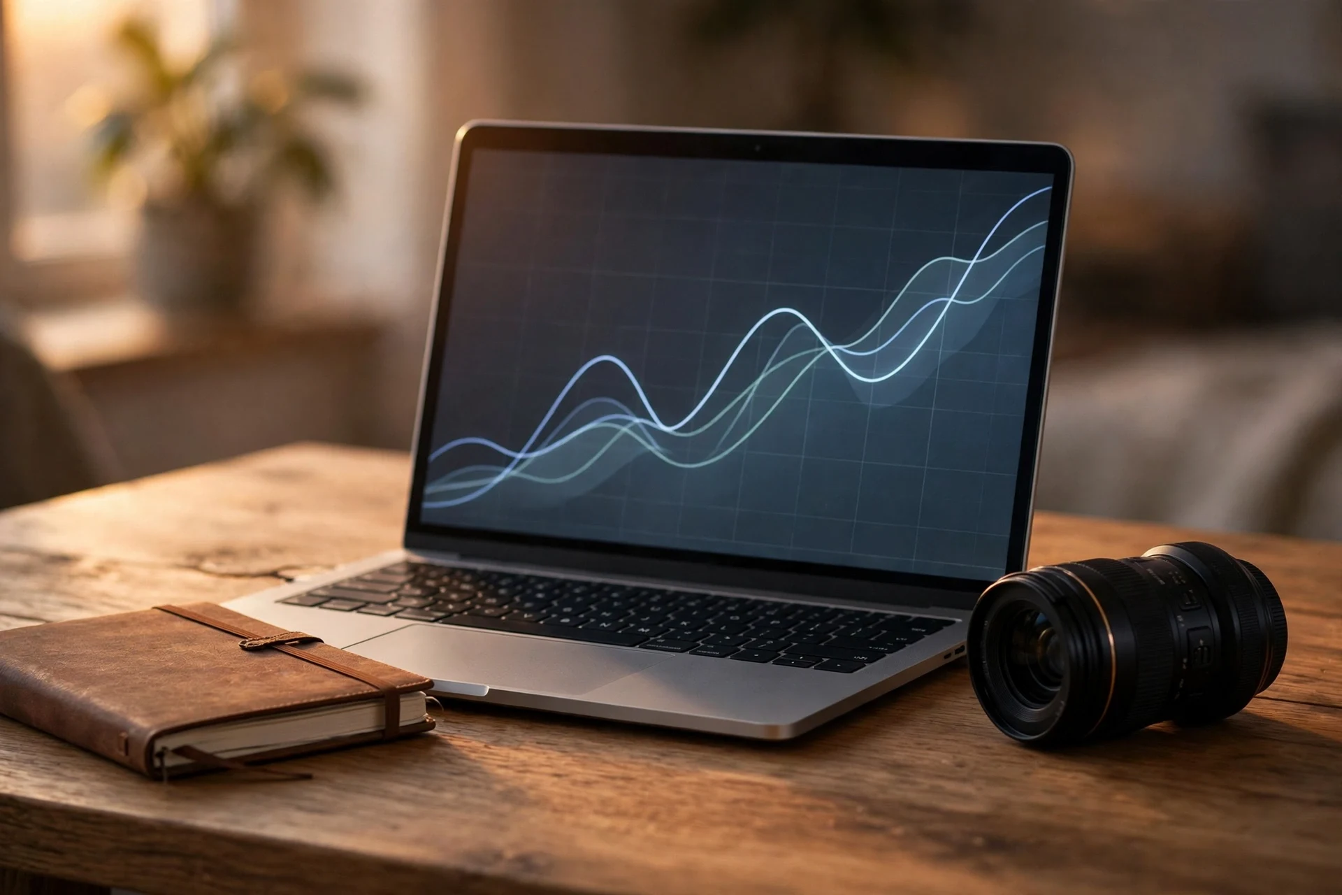 Laptop on a wooden desk showing a rising abstract analytics graph, with a camera lens and a notebook beside it in warm light