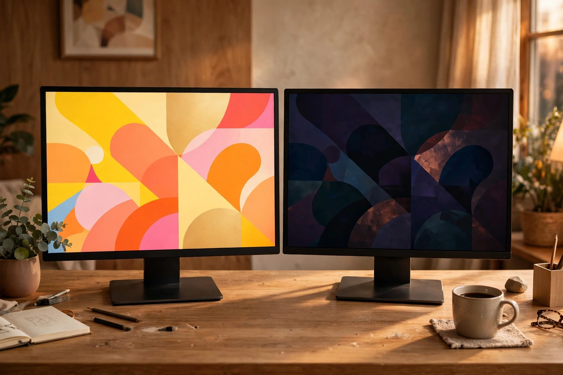 Two monitors side by side on a desk showing one bright and one dark abstract thumbnail variant in warm room light