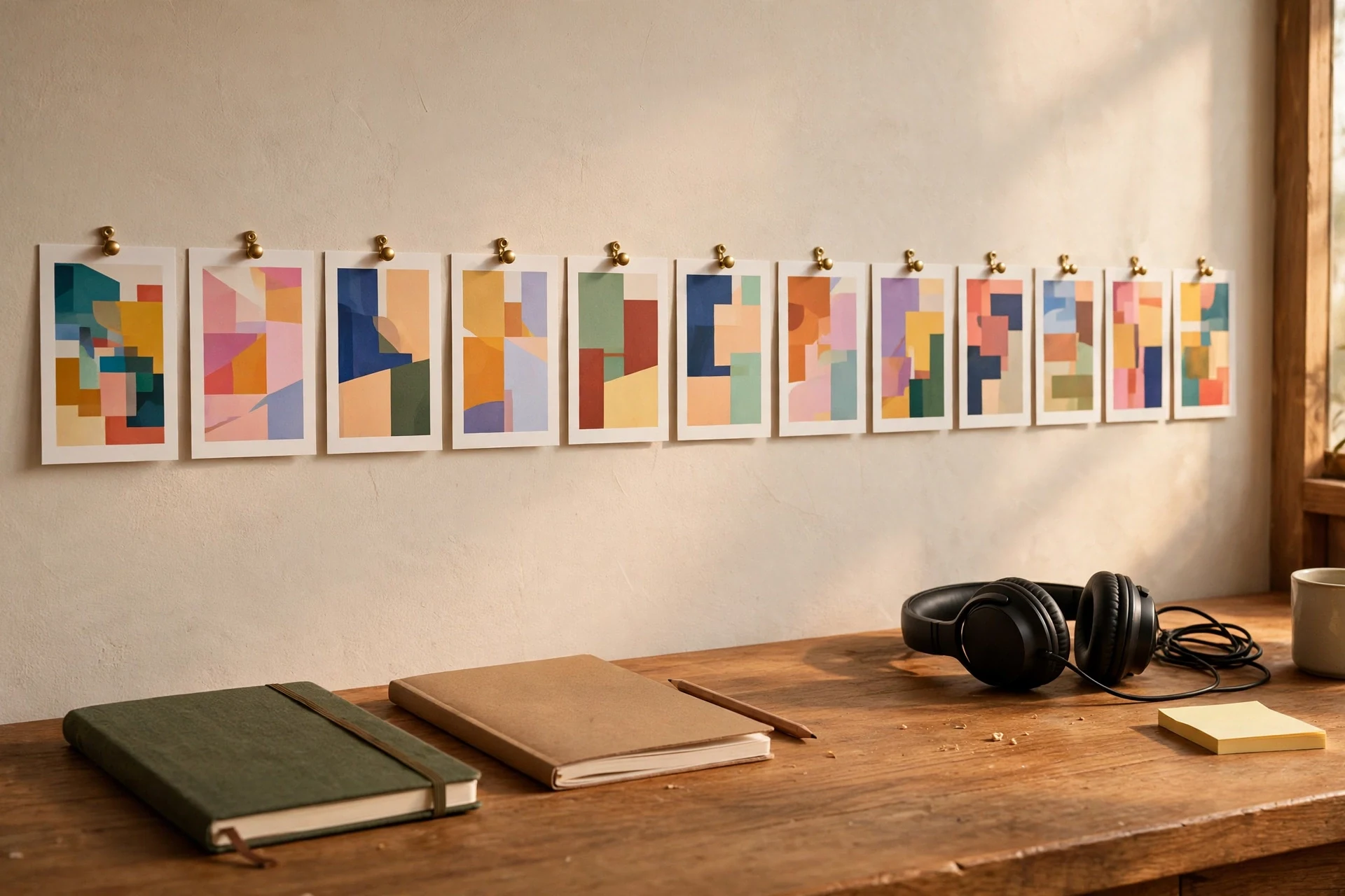 Row of printed abstract thumbnail draft cards pinned on a wall above a wooden desk with notebooks and headphones